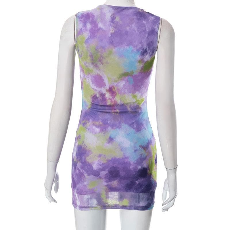 Crewneck Sleeveless Ruched Abstract Tie Dye Mesh Mini Dress 7