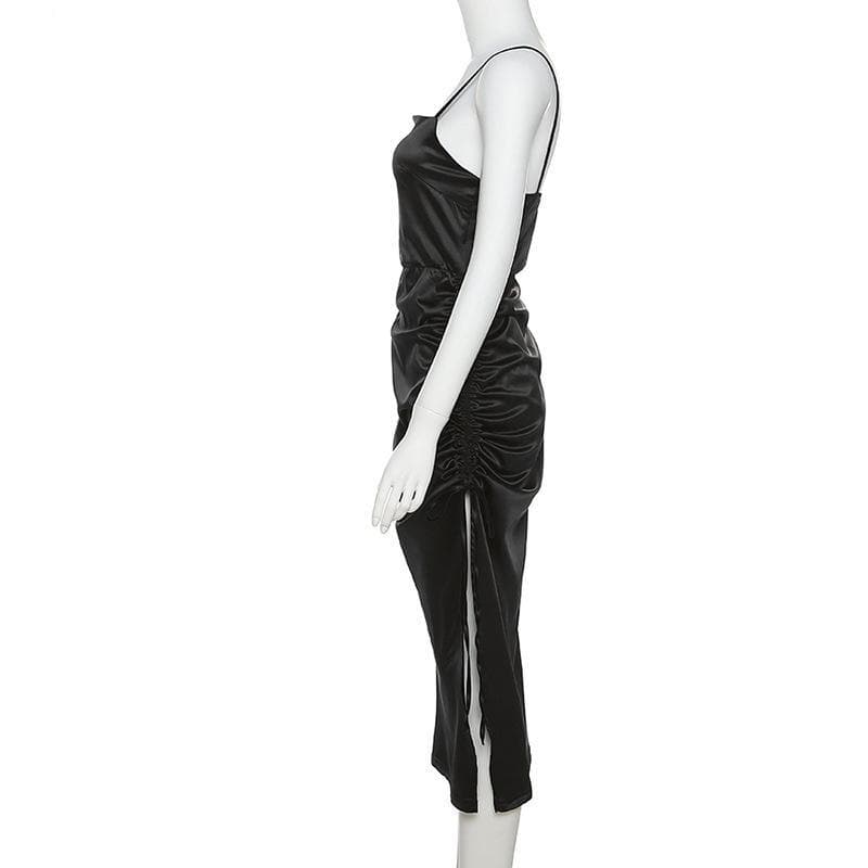 Satin Square Neck Side Ruched Drawstring Slit Bodycon Midi Dress 3