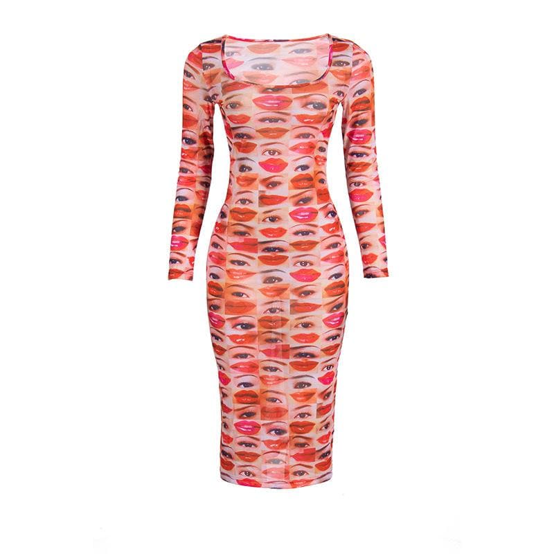 Scoop Neck Face Collage Graphic Sheer Mesh Long Sleeve Midi Dress