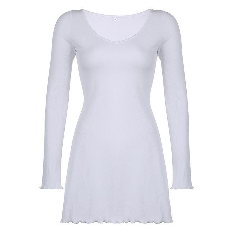 Rib Knit Scoop Neck Long Sleeve Lettuce Hem Ruffle Mini Dress 4