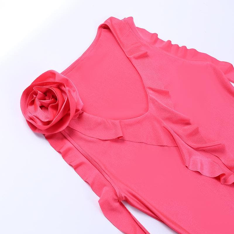 V Neck Floral Applique Ruffle Ribbon Asymmetric Hem Mini Dress 5