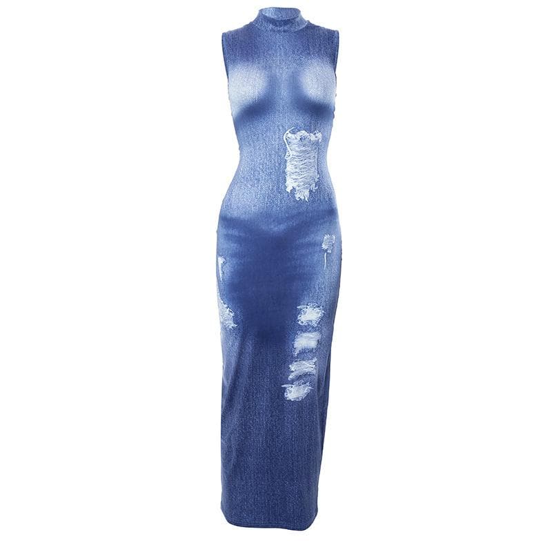 Mock Neck Distressed Faux Denim Print Bodycon Maxi Dress 2