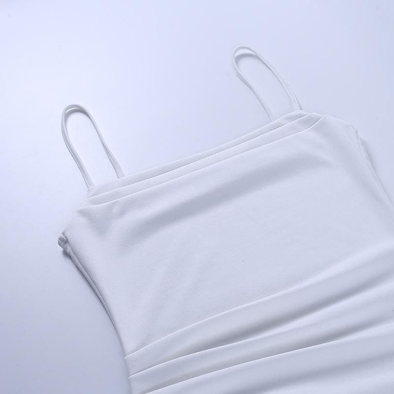 Square Neck Spaghetti Strap Ruched Waist Bodycon Midi Dress 2