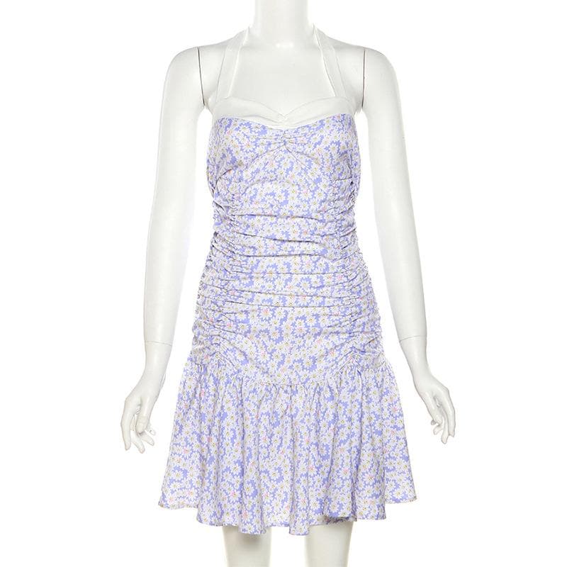 Halter Sweetheart Neck Ruched Ditsy Floral Ruffle Skirt Mini Dress 9