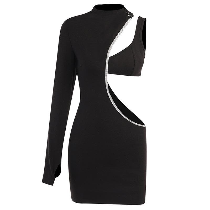 Mock Neck Rhinestone Trim S-Curve Cutout One-Sleeve Bodycon Mini Dress