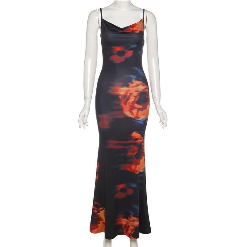 Cowl Neck Motion Blur Abstract Print Spaghetti Strap Bodycon Maxi Dress 3