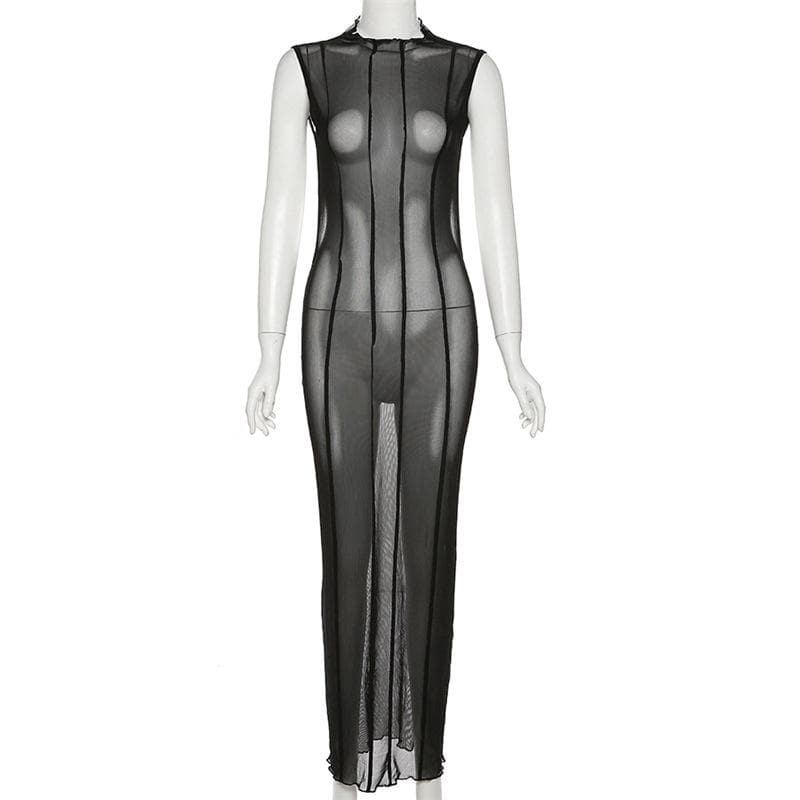 High Neck Vertical Panel Sheer Mesh Backless Maxi Dress 8
