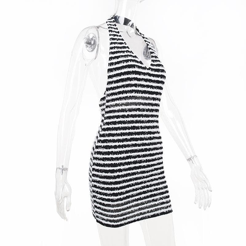 Contrast Striped Fuzzy Knit Halter Neck Backless Bodycon Mini Dress 3