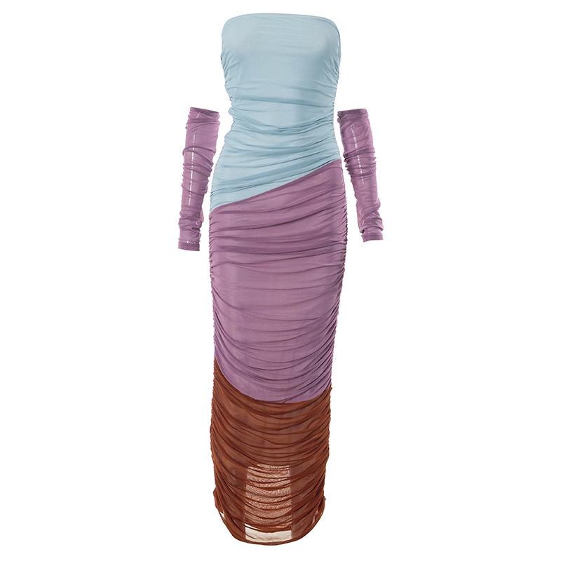 Off Shoulder Color Block Ruched Mesh Maxi Dress 2