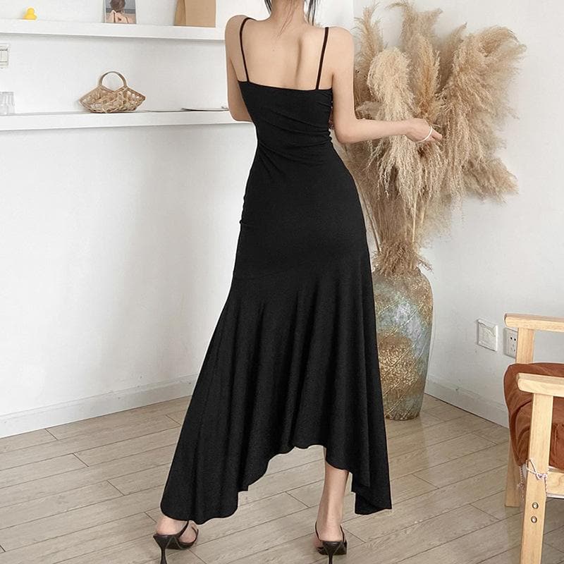 Spaghetti Strap V Neck Ruched Ruffle Hem High Slit Maxi Dress 4