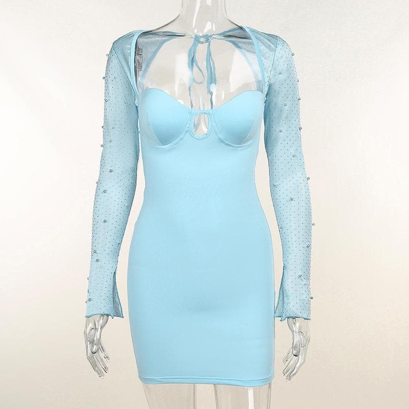 Hollow Out Beaded Mesh Sleeve Sweetheart Keyhole Ruched Zip Mini Dress 4