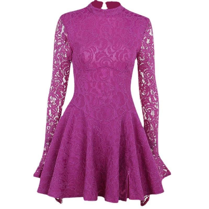 Mock Neck Long Sleeve Lace Corset Bodice Ruffle Skater Mini Dress