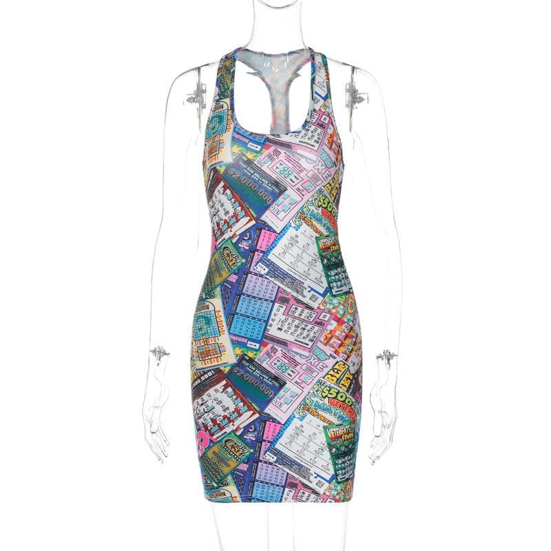 Lottery Ticket Print Scoop Neck Sleeveless Bodycon Mini Dress 8