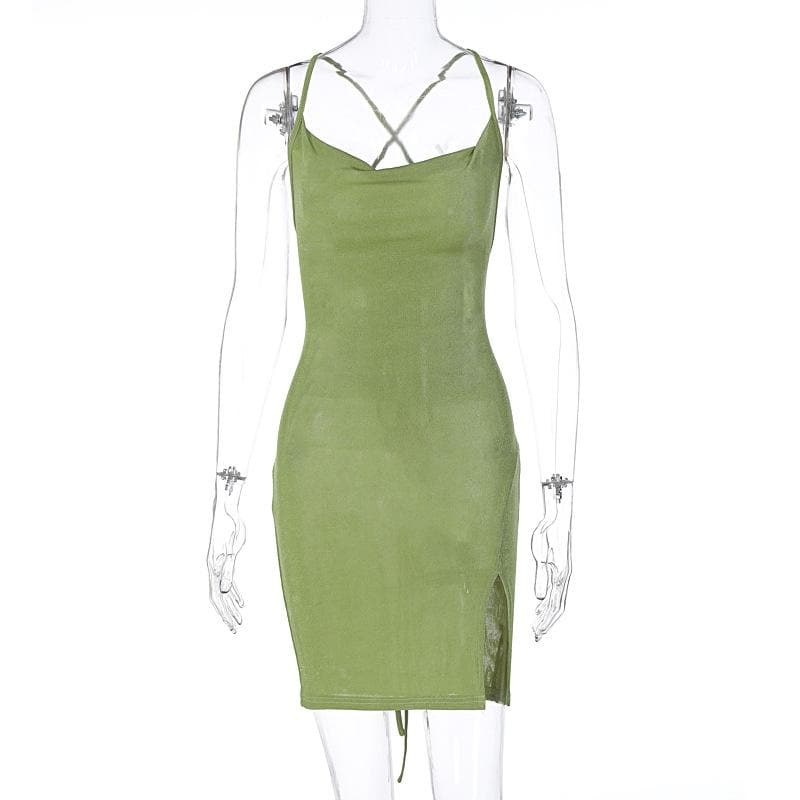 Cowl Neck Spaghetti Strap Side Slit Backless Bodycon Mini Dress 4