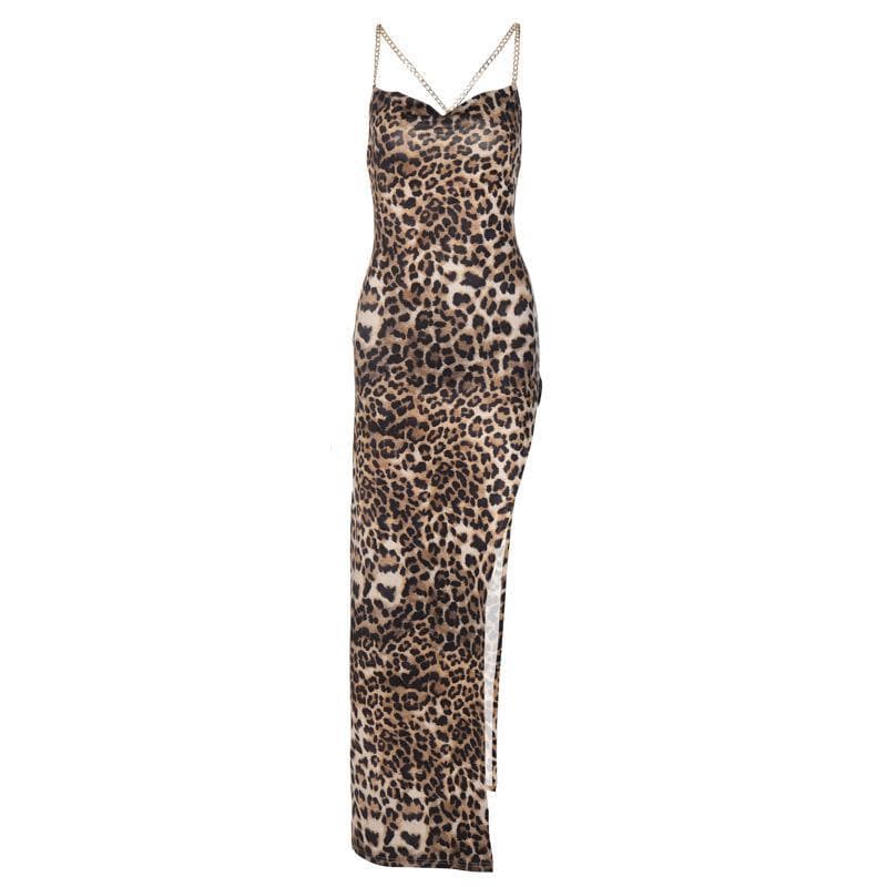 Print Chain Strap Cowl Neck High Slit Maxi Dress 2