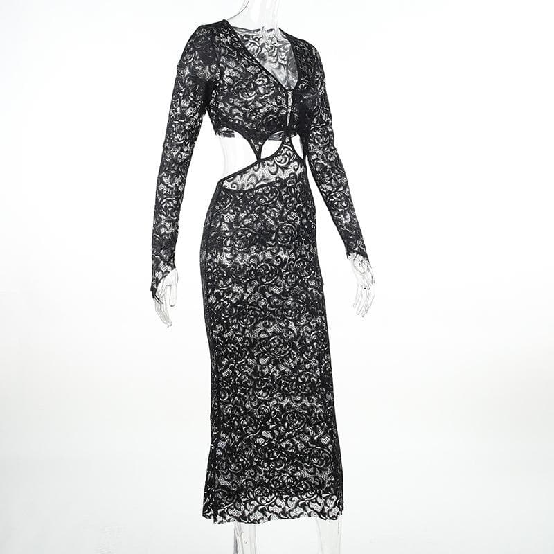 Deep V Neck Lace Long Sleeve Waist Cutout Floor Length Maxi Dress 3
