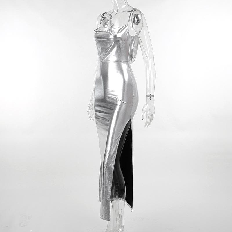 Metallic Cowl Neck Spaghetti Strap Open Back Slit Bodycon Maxi Dress 3