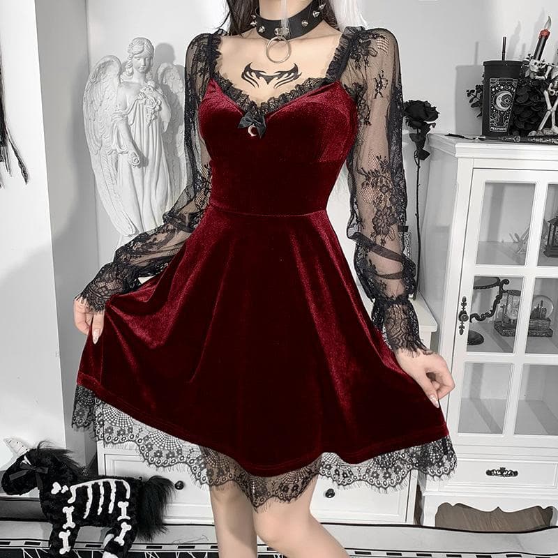 Sweetheart Velvet Bodice Lace Puff Sleeve Ruffle Hem Mini Dress 3