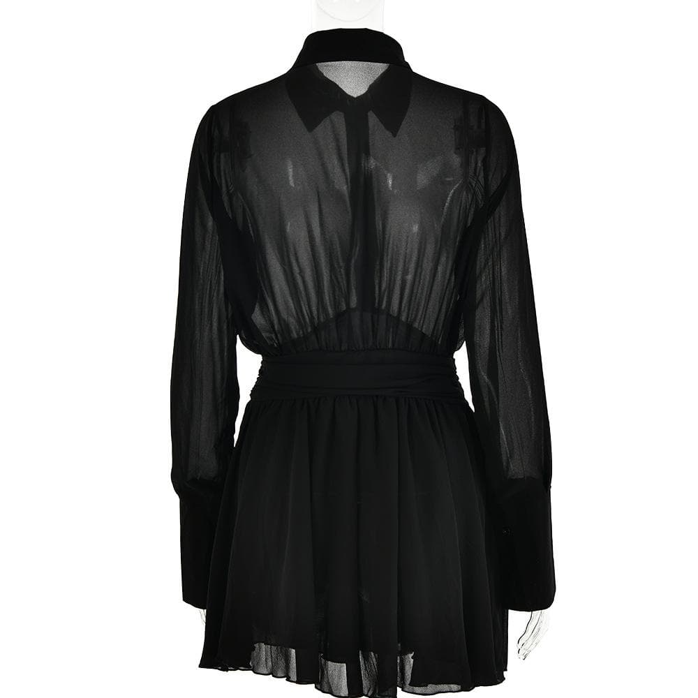 Spread Collar Deep V Ruched Waist Ruffled Cuff Mini Dress 6