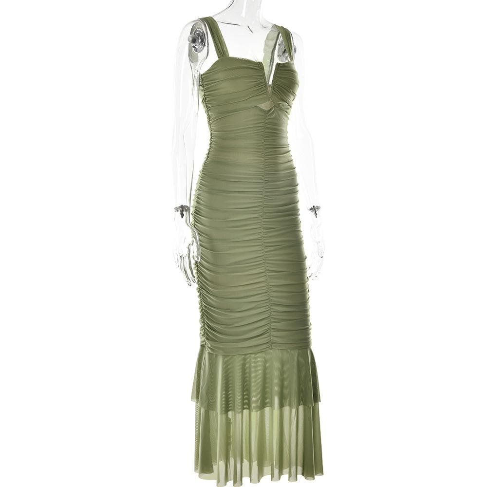 Wide Strap Cutout Bust Ruched Bodice Tiered Mesh Ruffle Hem Maxi Dress 7