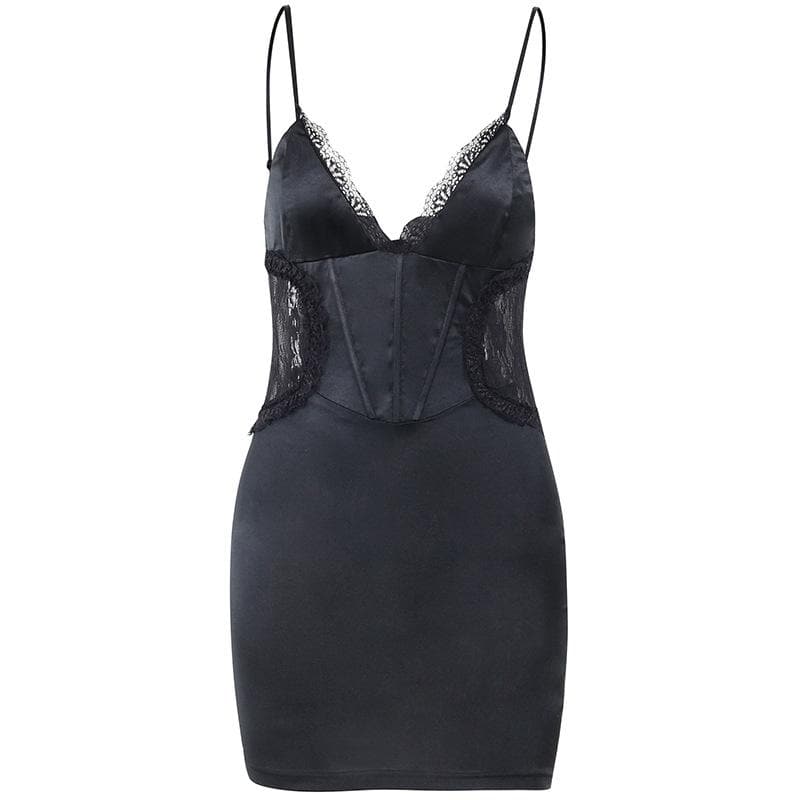 Lace Trim V Neck Spaghetti Strap Corset Panel Satin Mini Dress