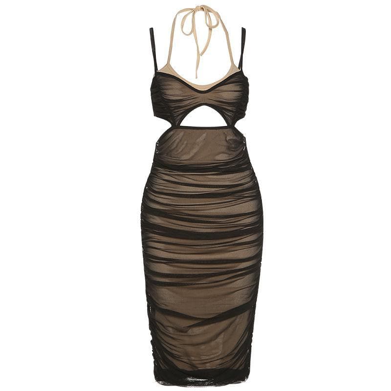 Ruched Mesh Halter Midriff Cutout Bodycon Midi Dress