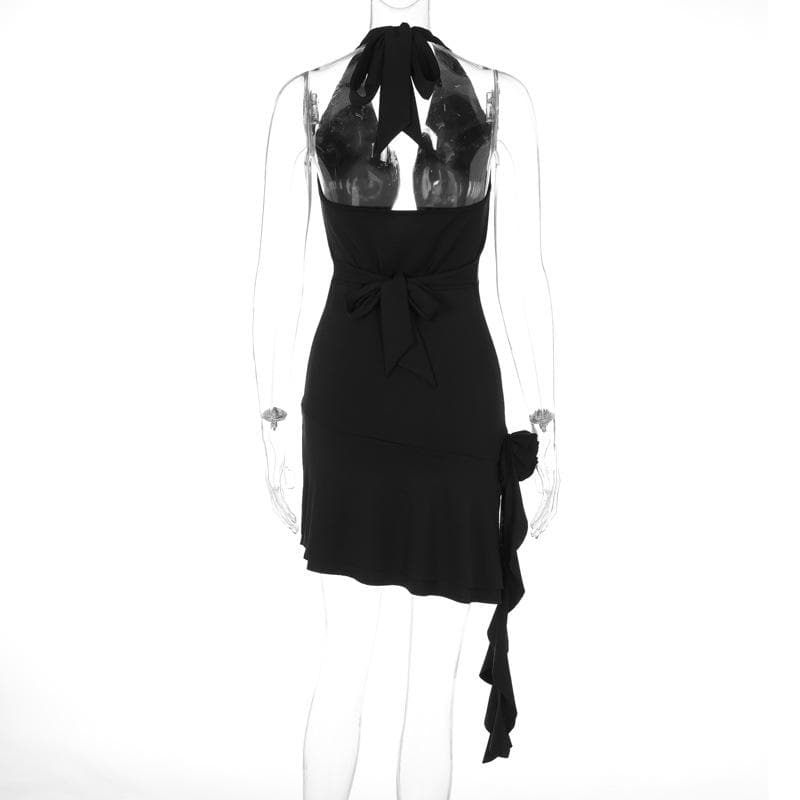 Cowl Neck Halter Ruffle Trim Side Cascade Backless Mini Dress 9