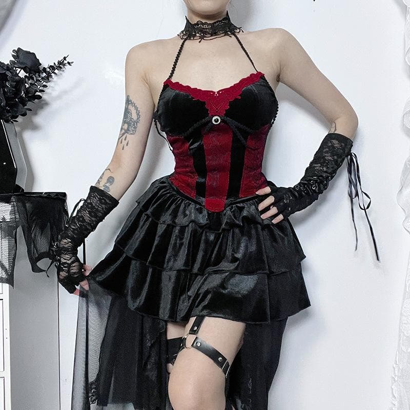 Halter Lace Trim Velvet Corset Tiered Train Skirt Set