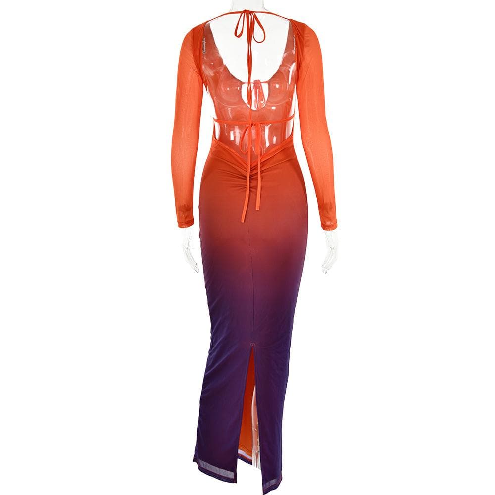 Ombre Mesh Long Sleeve Keyhole Tie Back Slit Maxi Dress 5