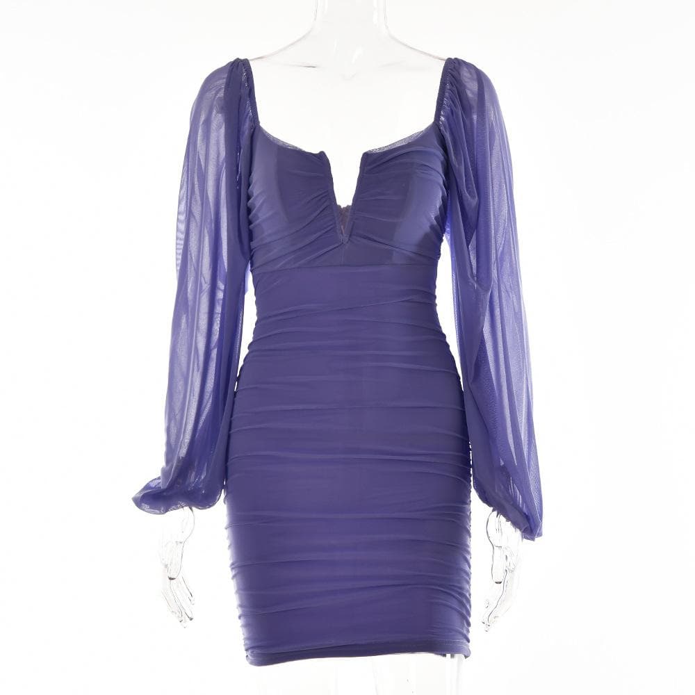 Strapless V-Notch Off Shoulder Puff Sleeve Ruched Mesh Mini Dress 15