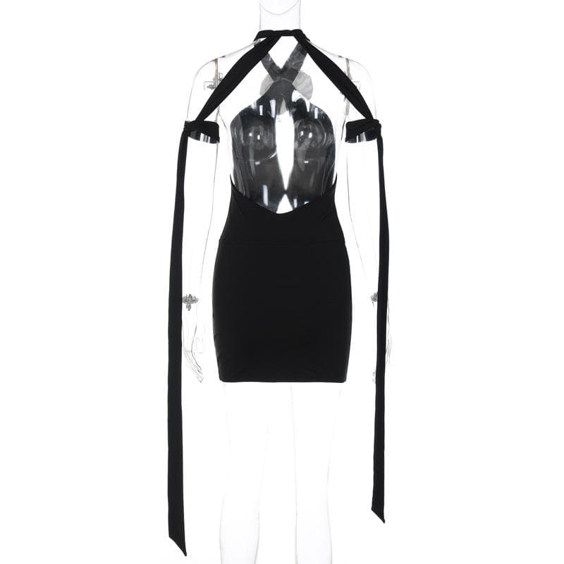 Flower Applique Halter Neck Cutout Cross Waist Bodycon Mini Dress 4