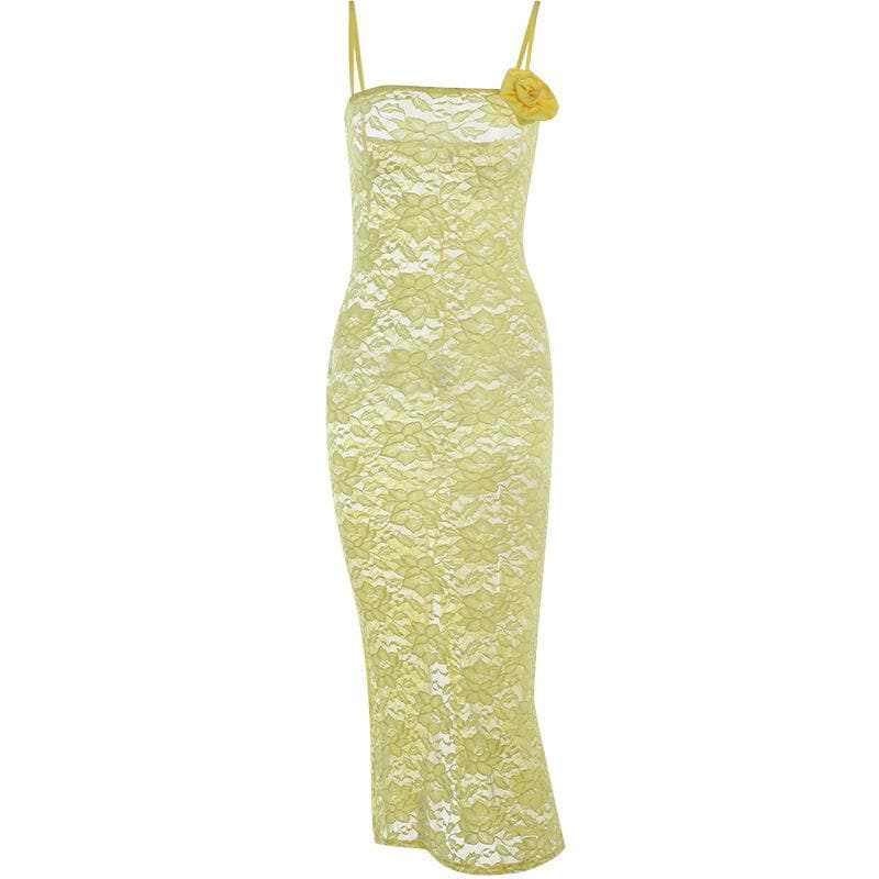 Floral Lace Rosette Applique Spaghetti Strap Bodycon Midi Dress