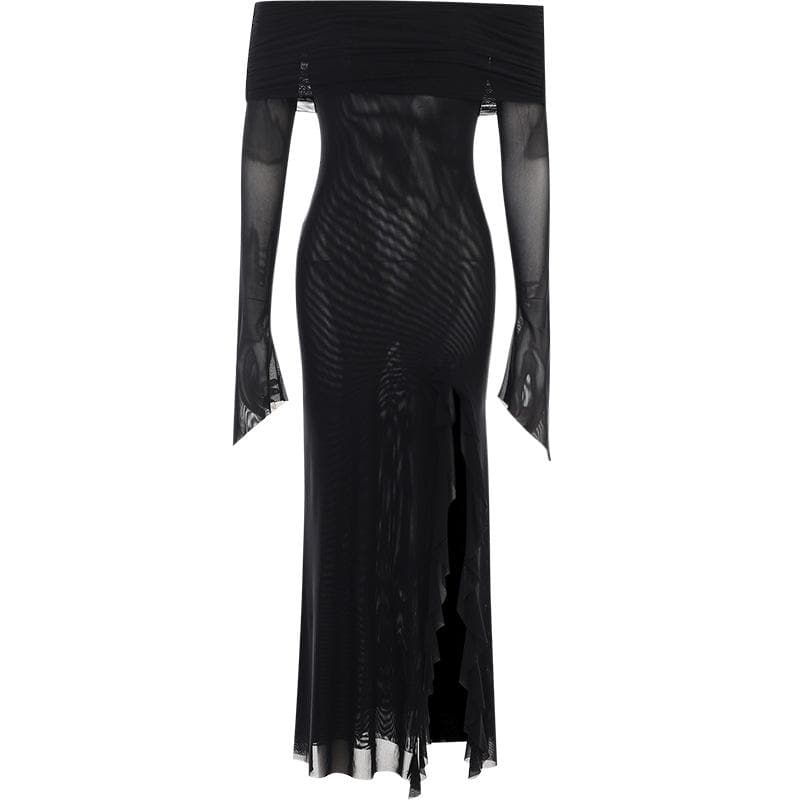 Off Shoulder Ruched Mesh Long Sleeve High Slit Ruffle Trim Maxi Dress 4