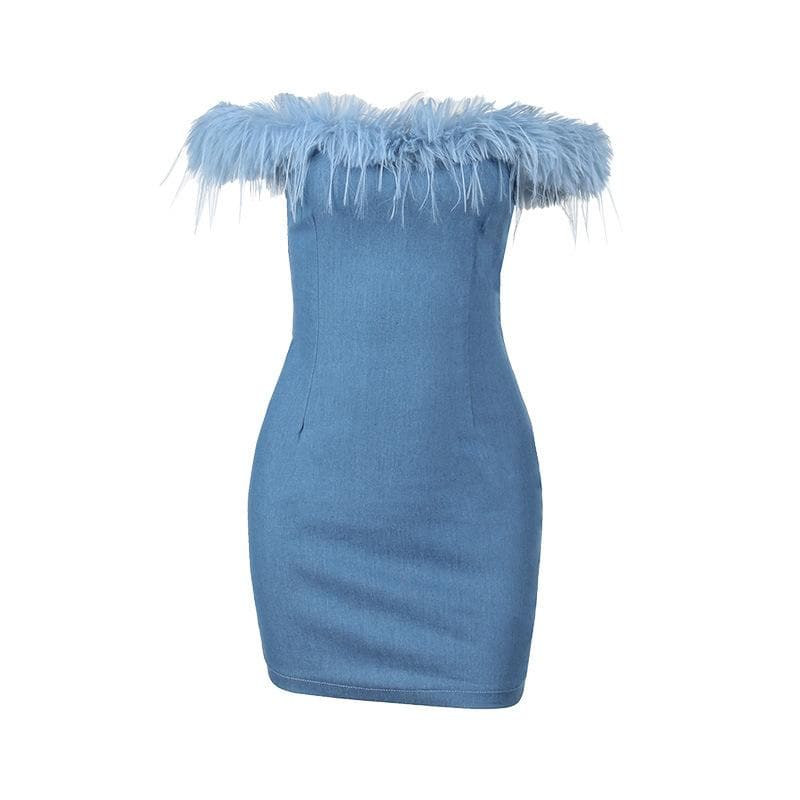 Feather Trim Strapless Denim Zip Back Bodycon Mini Dress
