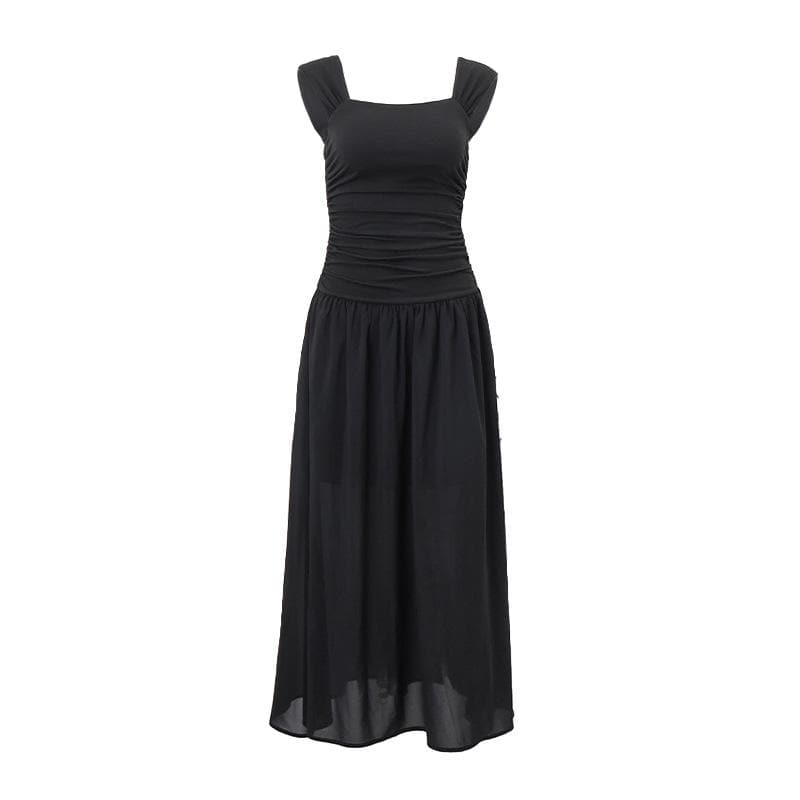 Square Neck Wide Strap Ruched Bodice Dropped Waist Gathered Maxi Dress 2