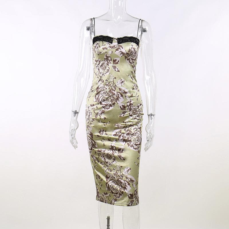Spaghetti Strap Lace Trim Print Satin Slip Maxi Dress 5