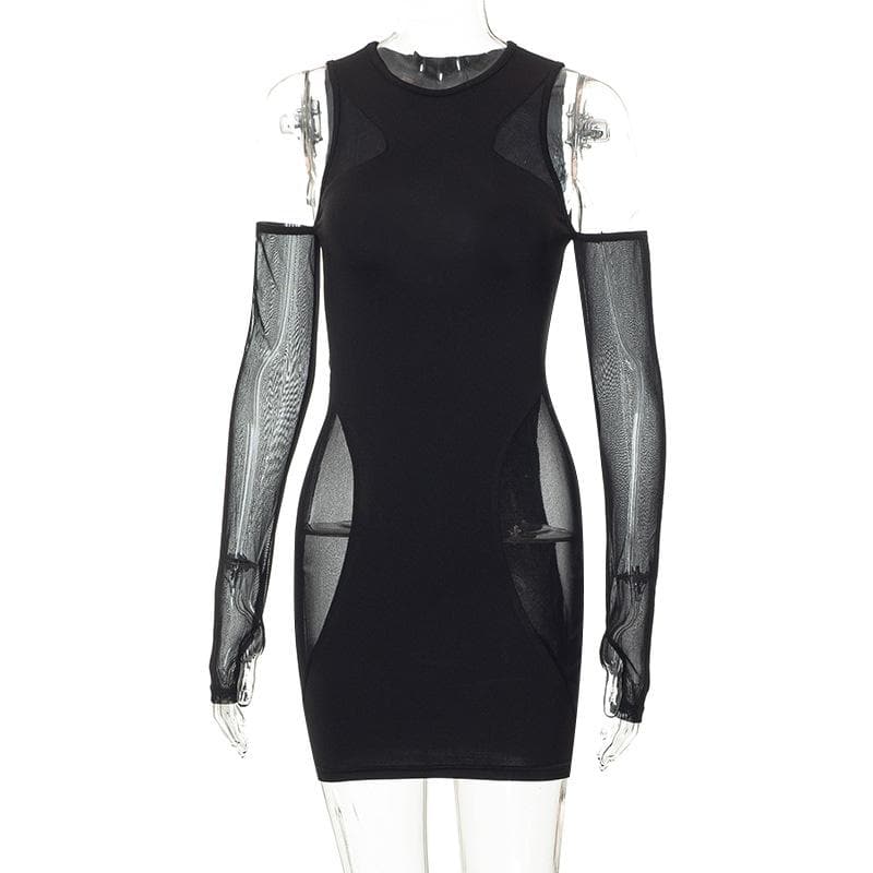 Crew Neck Mesh Panel Cutout Detached Glove Sleeve Mini Dress 8