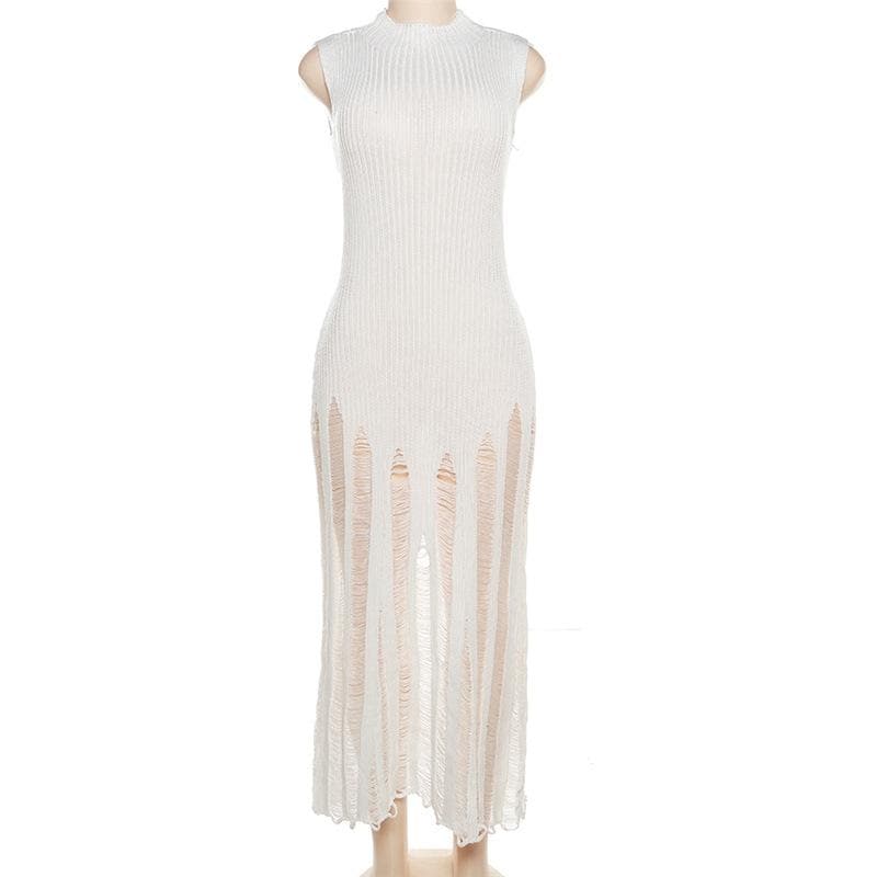 Sleeveless Mock Neck Ribbed Knit Distressed Ladder Hem Maxi Dress 3