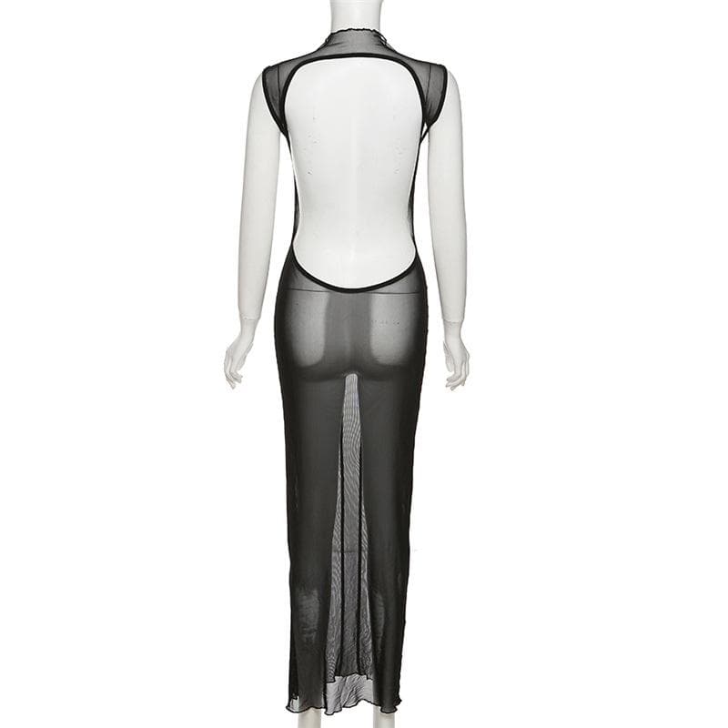 High Neck Vertical Panel Sheer Mesh Backless Maxi Dress 4