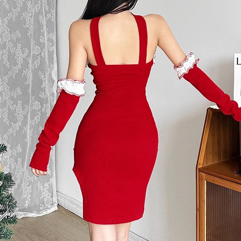 Ruffle Trim Tube Halter Glove Sleeve Irregular Slit Mini Dress 3
