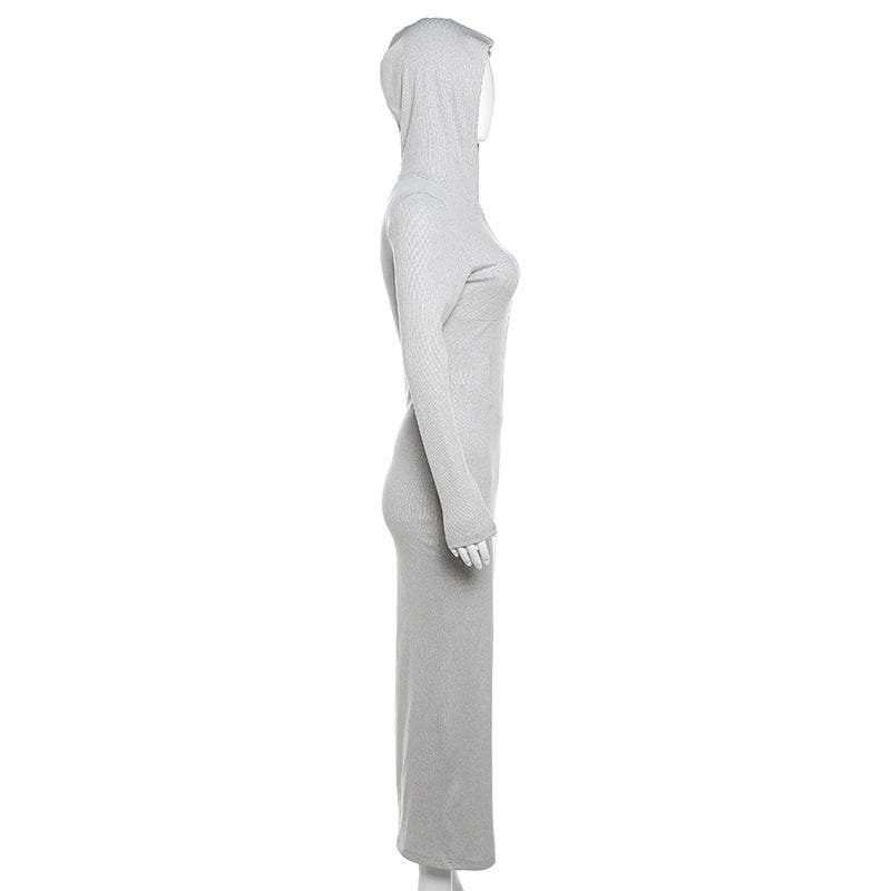 Hooded Zip Front Ribbed Panel Bodycon Maxi Dress 4