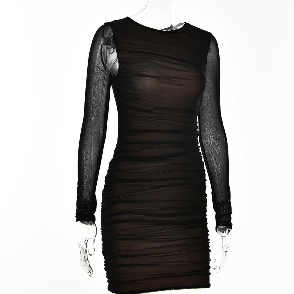 Crew Neck Sheer Mesh Long Sleeve Horizontal Ruched Bodycon Mini Dress 4