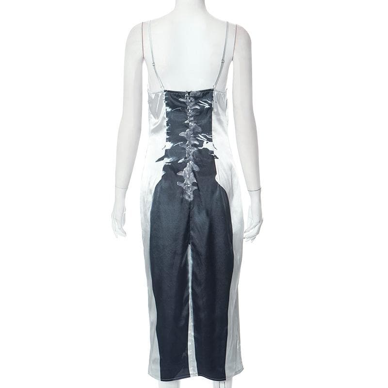 Skull Print V-Neck Zip Front Backless Cami Midi Dress 3