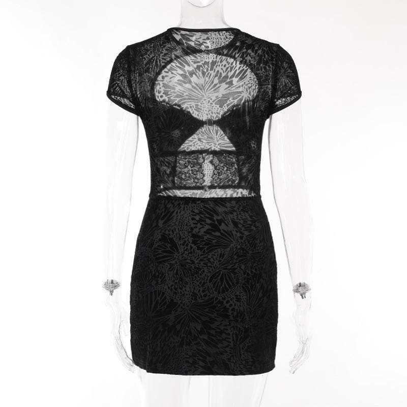 Flocked Butterfly Lace Cutout Buckle Bodycon Mini Dress 4