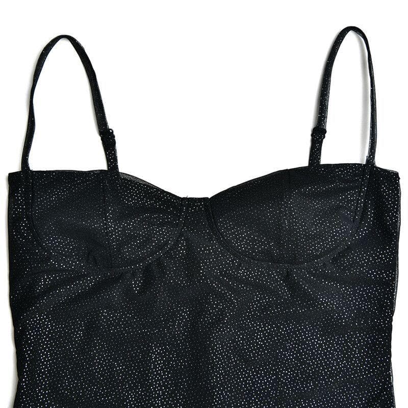 Sweetheart Neck Spaghetti Strap Glitter Side Slit Mesh Glove Mini Dress 7