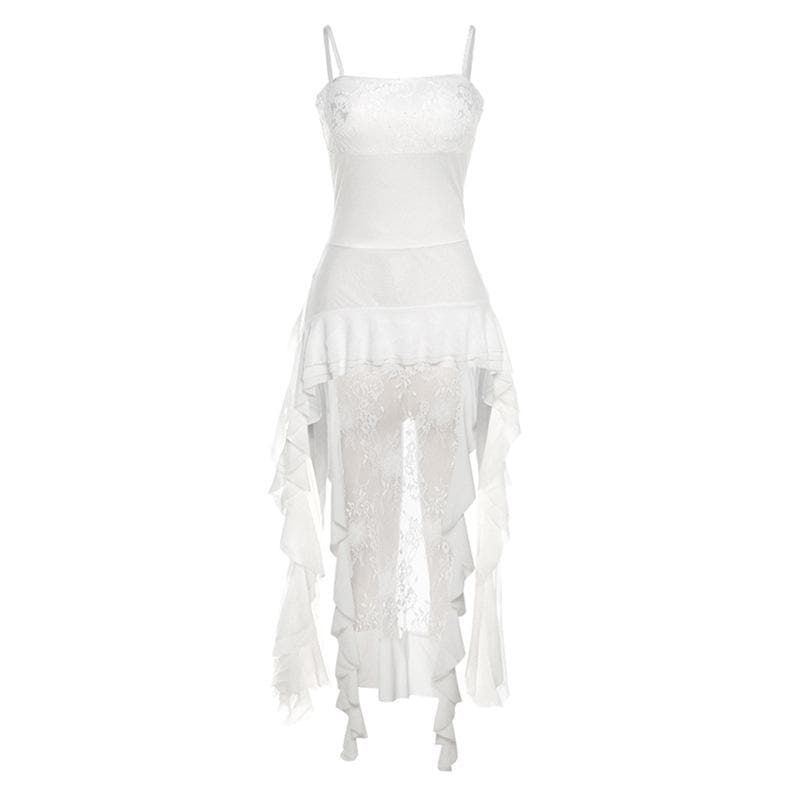 Spaghetti Strap Lace Panel Mesh High Low Ruffle Mini Dress 2