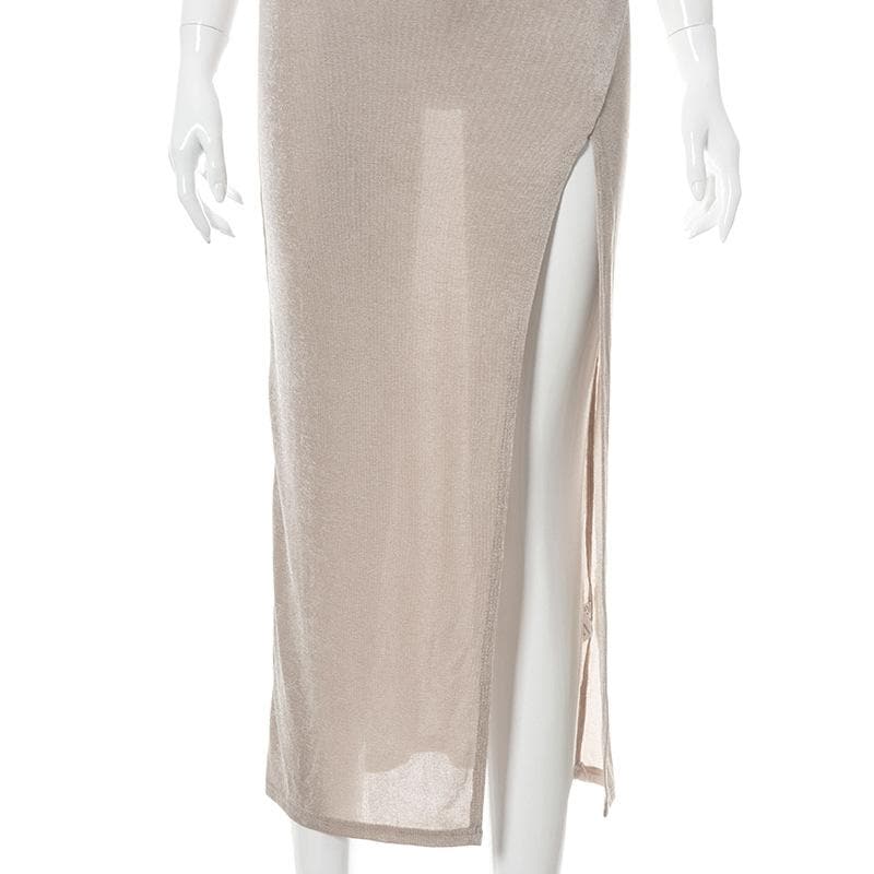 Cowl Neck Spaghetti Strap Ruched Waist High Slit Bodycon Maxi Dress 9