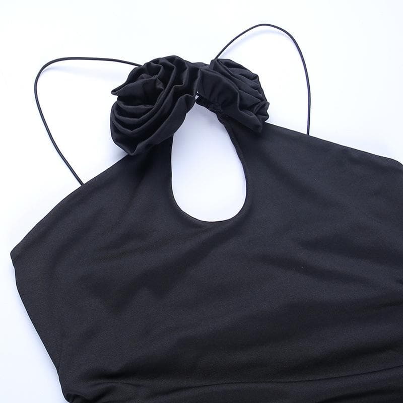 Halter Flower Applique Keyhole Ruched Side Slit Mini Dress 11