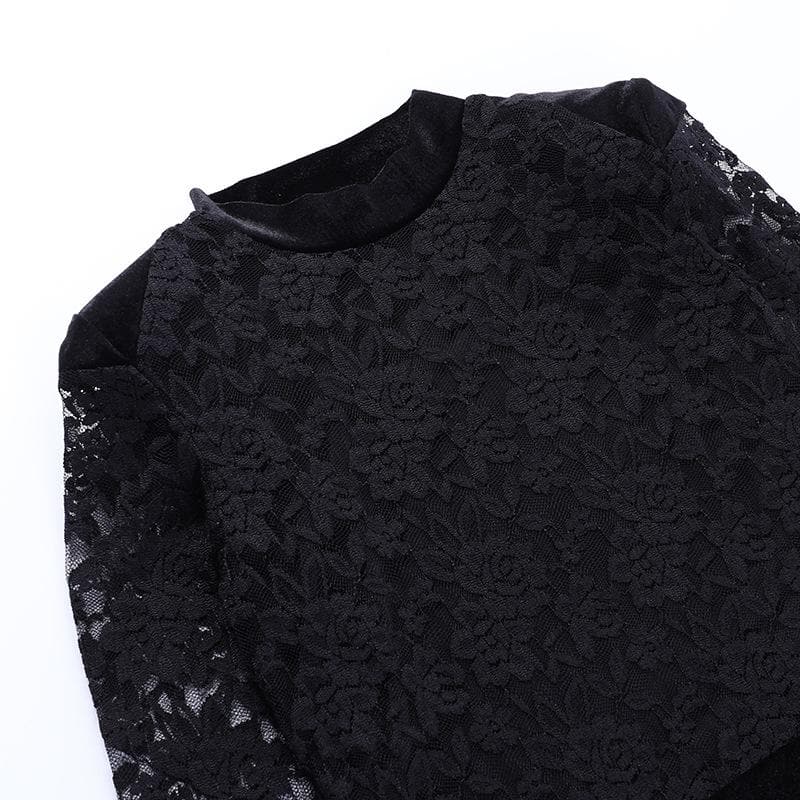 Mock Neck Floral Lace Long Sleeve Velvet Skirt Feather Trim Mini Dress 4