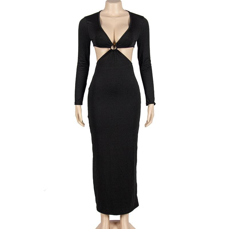 O-Ring Waist Cutout Deep V-Neck Long Sleeve Maxi Dress 8
